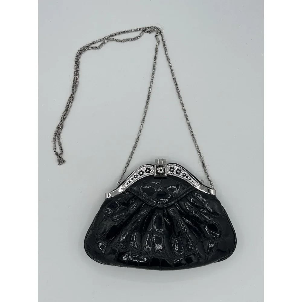 VTG. Black Patent Croc Embossed Clutch Rhinestone Floral Evening Bag Chain Strap